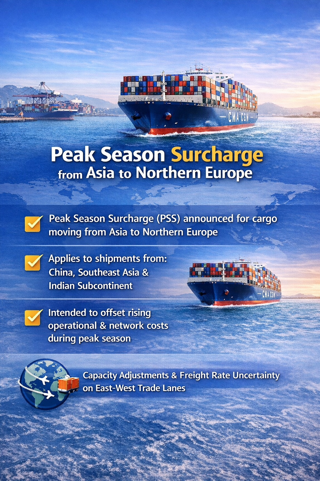 CMA CGM has announced the implementation of a Peak Season Surcharge (PSS) on cargo moving from Asia to Northern Europe, driven by sustained market pressures and strong seasonal demand.
